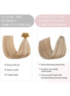 SEGO U Tip Hair Extensions Human Hair, Keratin Bonded & Loop Hair Extensions, K Tip Hot Fusion For Silky Straight Highlights, 1G Per Strand, 50 Strands/50G, 20" Golden Brown Mix Bleach Blonde 