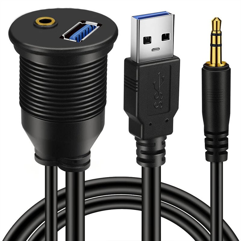 BATIGE USB 3.0 & 3.5mm Car Mount Flush Cable 3.5mm + USB3.0 AUX Extension Dash Panel Waterproof Mount Cable for Car Boat and Motorcycle - 3ft - Image 1