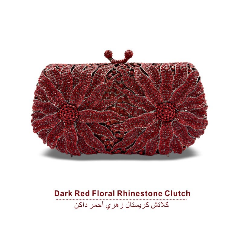 Floral Crystal Rhinestone Evening Clutch Bag, Bow Metal Frame Formal Party Handbag Women Wedding Dinner Purse