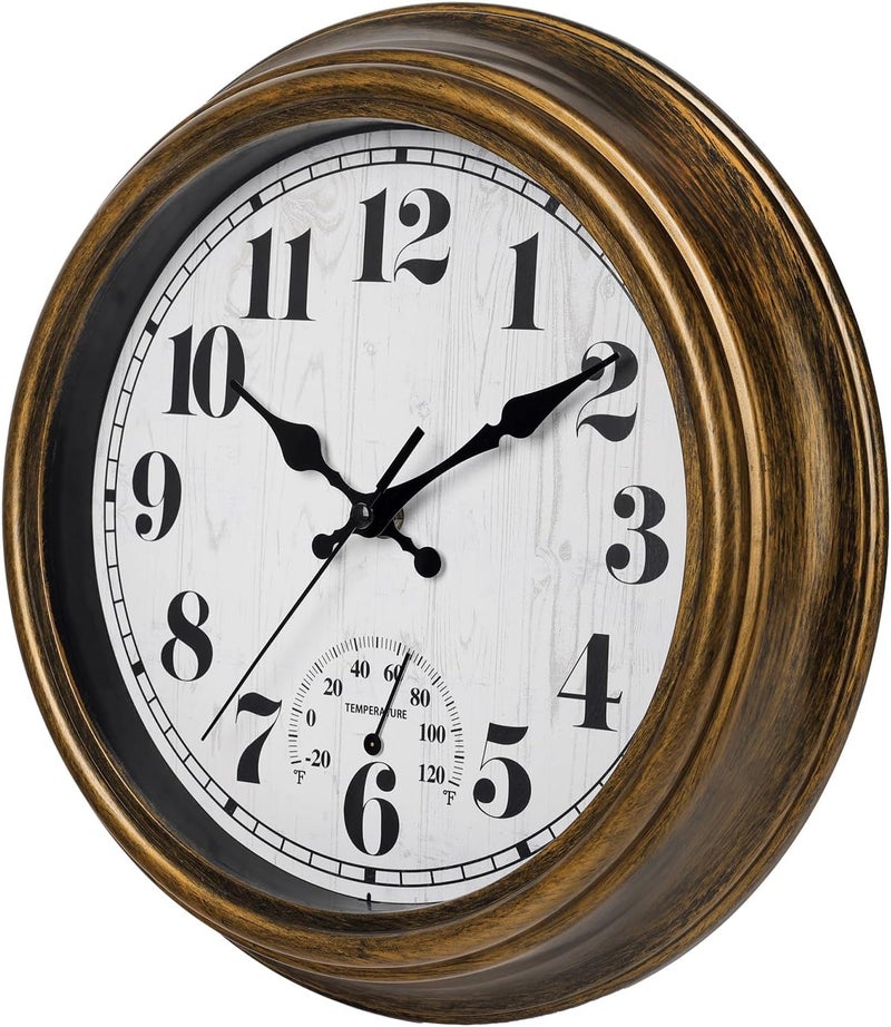 45MinST 12 Inch Indoor/Outdoor Retro Round Waterproof Wall Clock with Thermometer, Silent Non-Ticking Battery Operated Quality Quartz Wall Clock Home/Patio Decor(Bronze) - Image 3