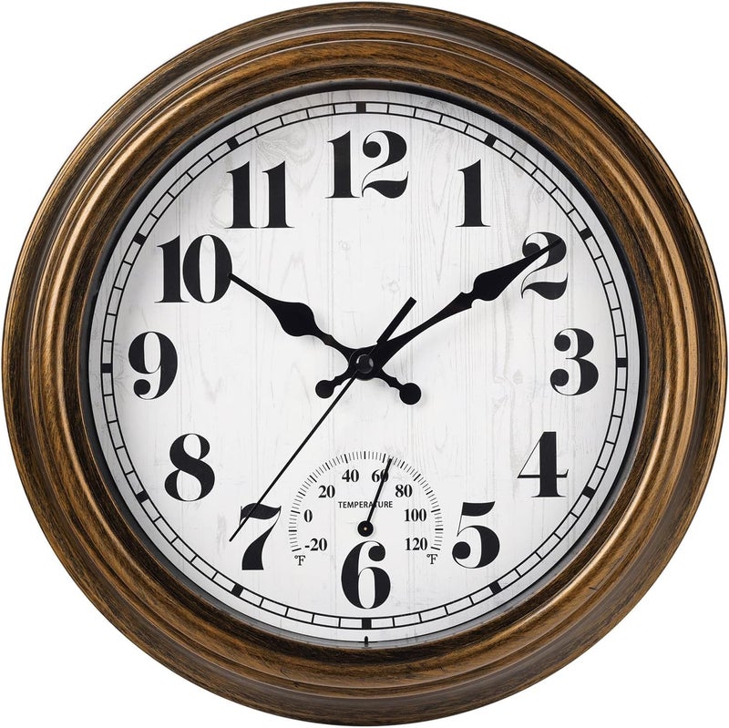 45MinST 12 Inch Indoor/Outdoor Retro Round Waterproof Wall Clock with Thermometer, Silent Non-Ticking Battery Operated Quality Quartz Wall Clock Home/Patio Decor(Bronze) - Image 1