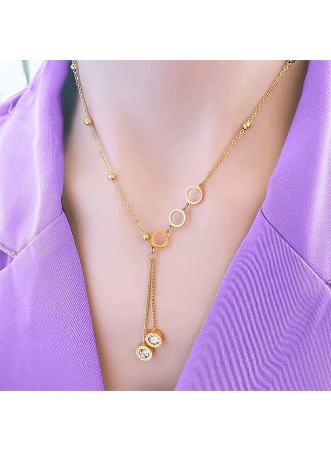 Titanium steel collarbone chain cut-out round necklace Korean fashion jewelry Roman round white zircon tassel pendant - Image 4