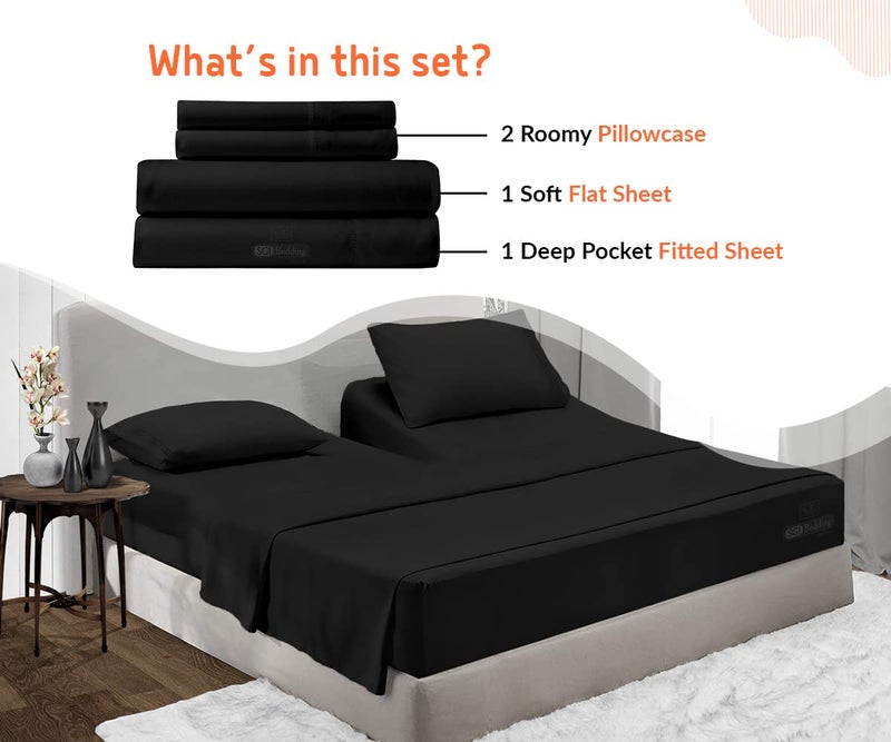 SGI bedding 36" King Split Top Flex Head Sheet Set 1800 Threads Flex Top Sheet for Adjustable Bed 4 Piece Sheet Set 15" Deep Pocket for Sleep Number Bed - Black - Image 2