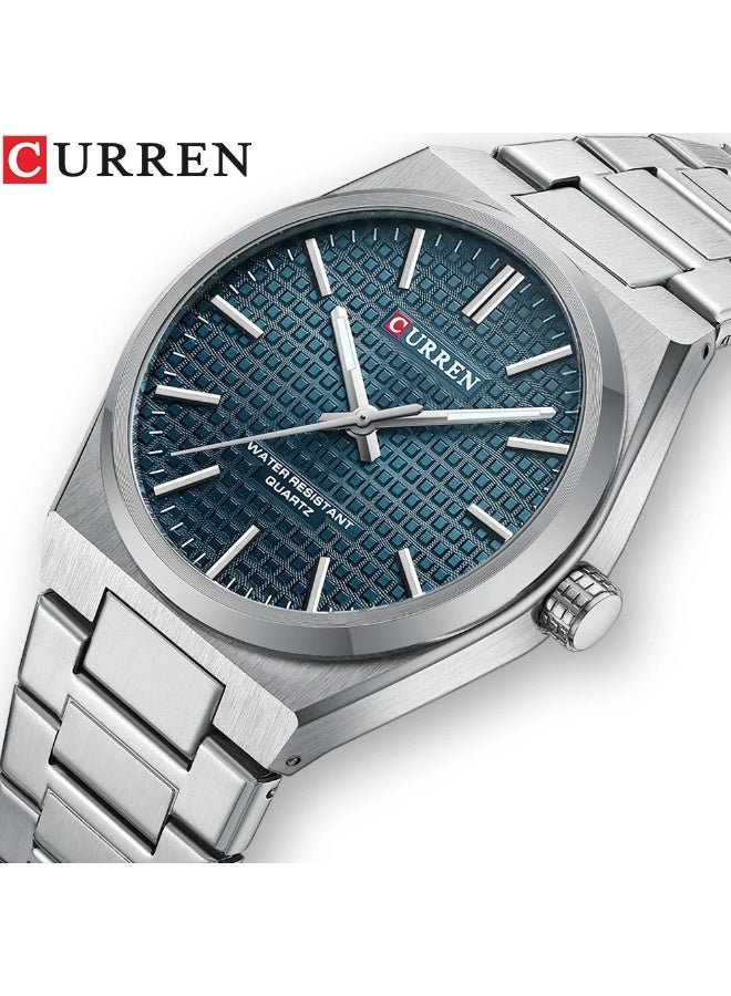 CURREN 8439 Mens Stainless Steel Quartz Watch Simple Dial Design Waterproof Sporty Style Wristwatch for Leisure Business Blue Silver - Image 2