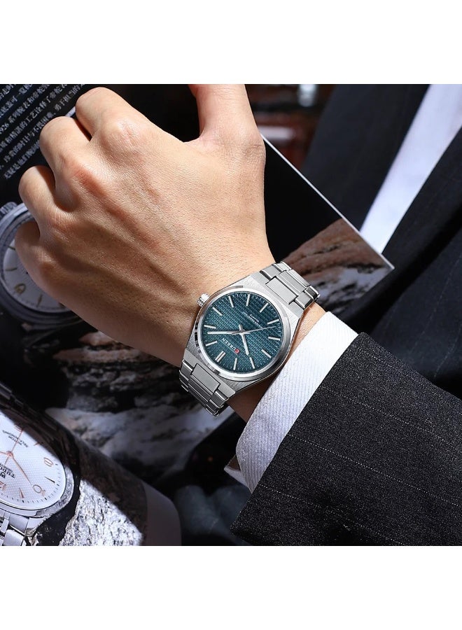 CURREN 8439 Mens Stainless Steel Quartz Watch Simple Dial Design Waterproof Sporty Style Wristwatch for Leisure Business Blue Silver - Image 3