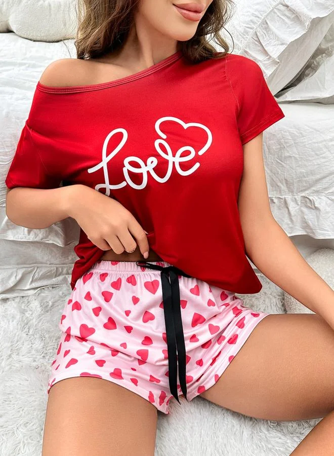 Take Two Red Heart Print Round Neck T-Shirt and Shorts Set