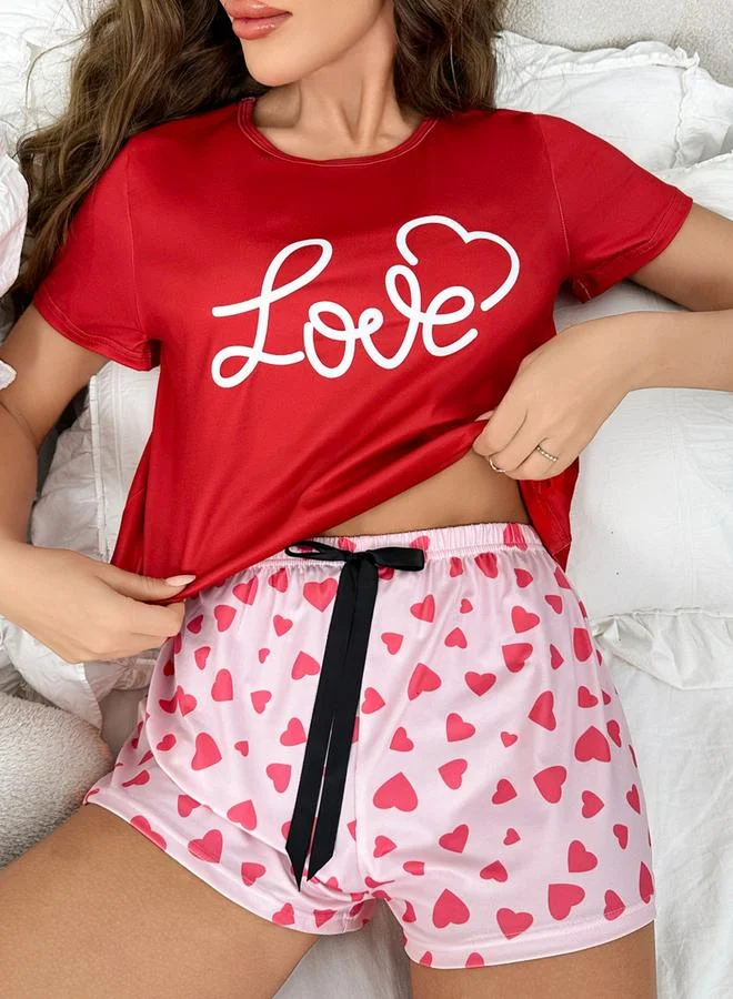 Take Two Red Heart Print Round Neck T-Shirt and Shorts Set