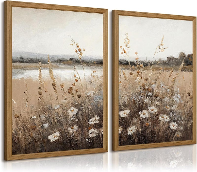 Joocrise Wildflower Botanical Wall Art Decor Set of 2 Vintage Canvas Wall Decor Landscape Field Wall Art Pictures Farmhouse Prints Landscape Painting Vintage Artwork for Room Bedroom 12x16 Inch Wood Framed - Image 1