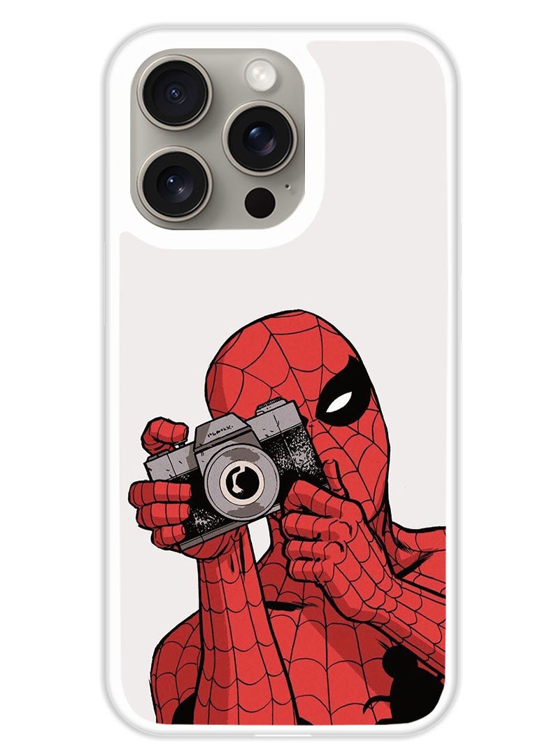 Theodor Protective Case Cover For APPLE IPHONE 15 Pro Spiderman Taking Picture (White Bumper) - Image 1