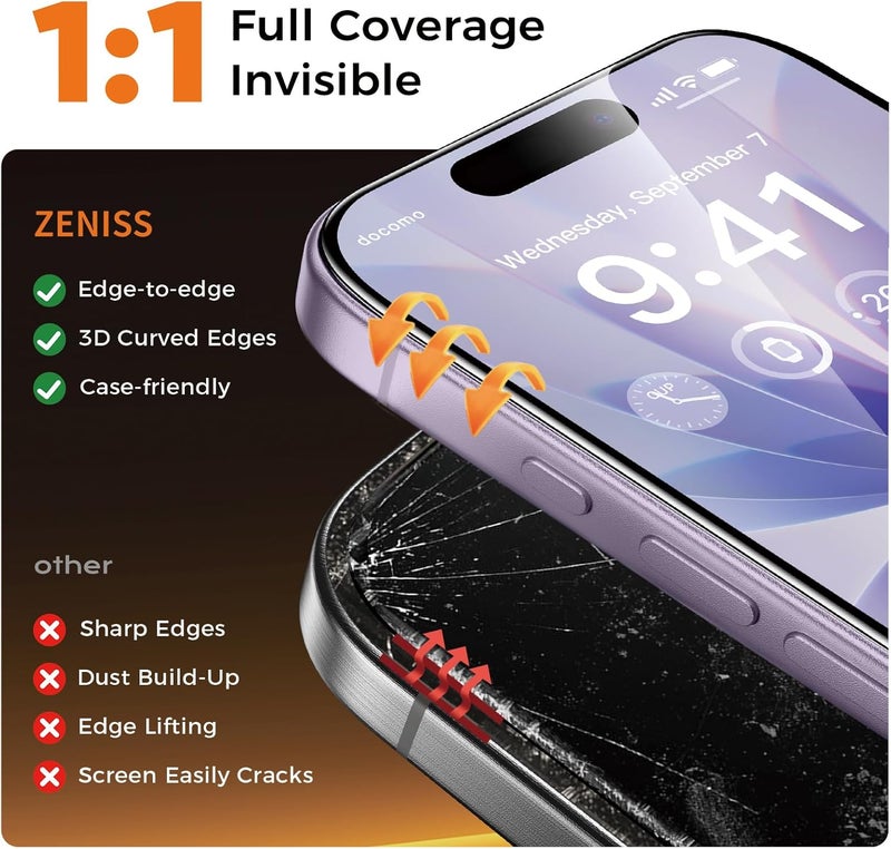Zeniss NeverBreak 9H+ Hardness for iPhone 17 Screen Protector 12FT Military Grade Protection (Scratch, Shatter, Drop Resistance) Tempered Glass Full Edge Coverage 6.3" 2025, 2 Pack with De-Bubble Card - Image 4