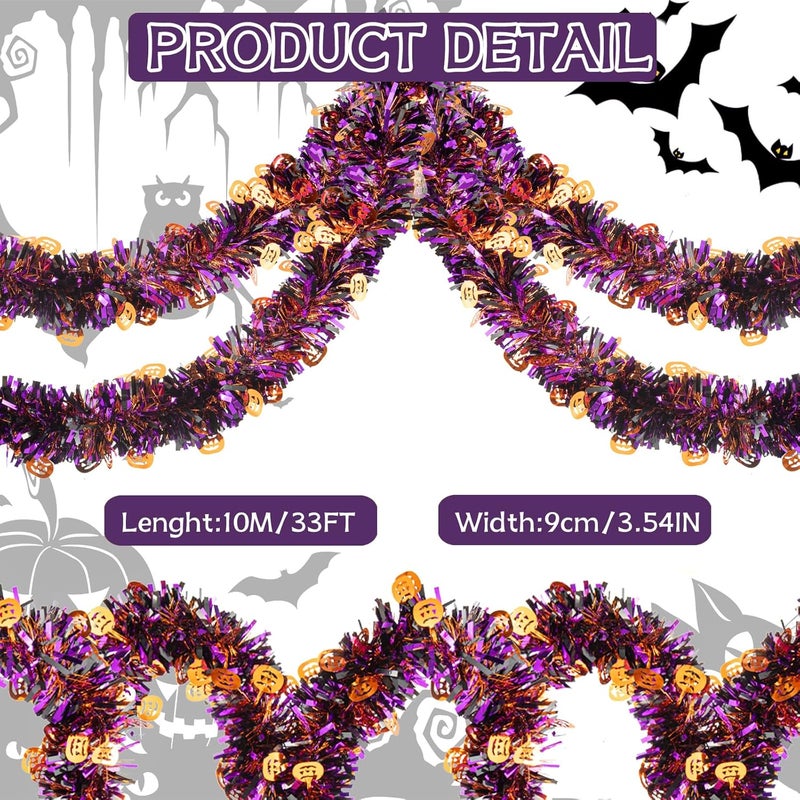 Jocomoni 33ft Halloween Tinsel Garland, Metallic Twisted Tinsel Garland Pumpkin Hanging Garland Decoration for Home Tree Fireplace Mantle Home Party Decor - Image 2
