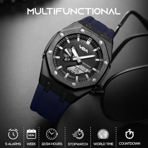 V2A Allure Octagonal Screw Case Analogue-Digital Watch for Men, Silicon Band, 30M Water Resistant, 5 Alarms, World Time, Countdown, Stopwatch Man Watch | Birthday Gift for Man (Blue-Black) - Image 2