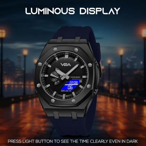 V2A Allure Octagonal Screw Case Analogue-Digital Watch for Men, Silicon Band, 30M Water Resistant, 5 Alarms, World Time, Countdown, Stopwatch Man Watch | Birthday Gift for Man (Blue-Black) - Image 5