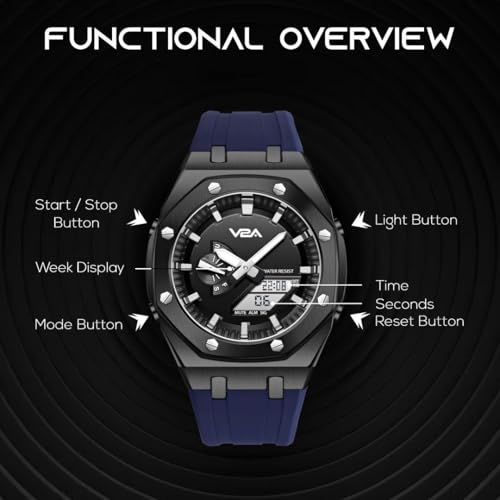 V2A Allure Octagonal Screw Case Analogue-Digital Watch for Men, Silicon Band, 30M Water Resistant, 5 Alarms, World Time, Countdown, Stopwatch Man Watch | Birthday Gift for Man (Blue-Black) - Image 3