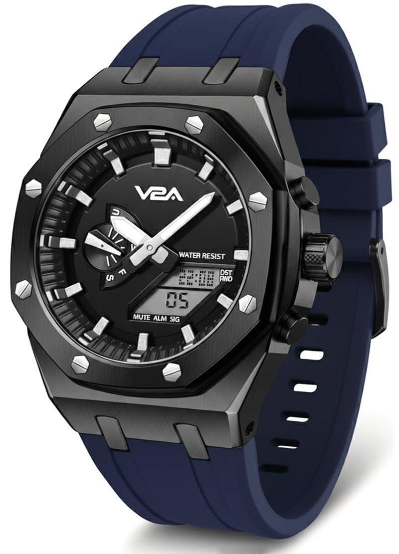 V2A Allure Octagonal Screw Case Analogue-Digital Watch for Men, Silicon Band, 30M Water Resistant, 5 Alarms, World Time, Countdown, Stopwatch Man Watch | Birthday Gift for Man (Blue-Black) - Image 1