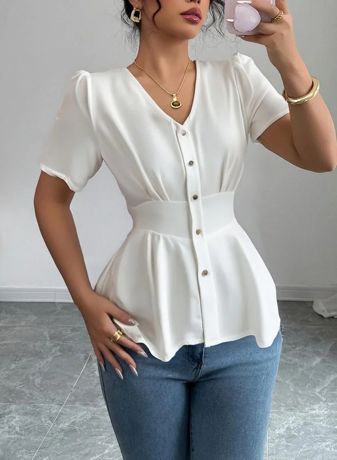 تايك تو White Peplum Blouse with Button Detail