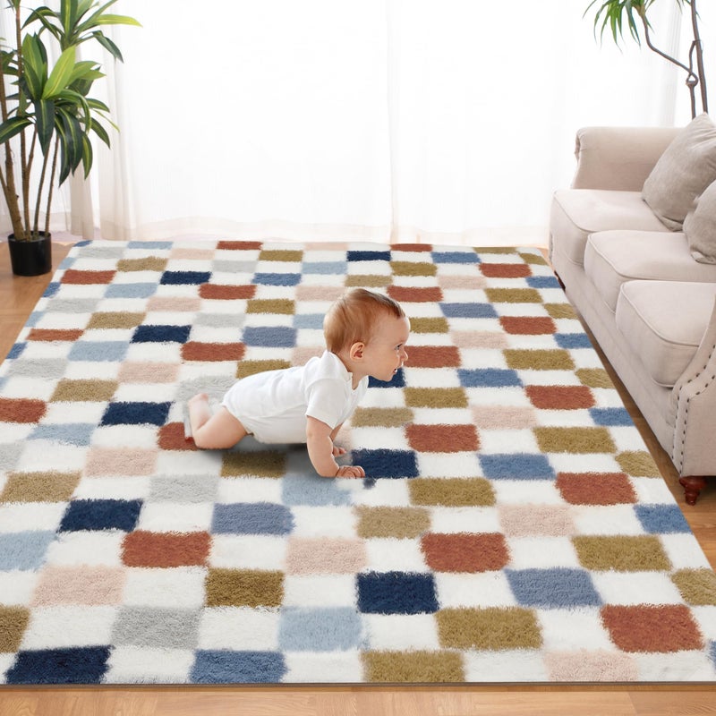 TOOHUB Super Soft Rug for Bedroom, 5x7 Ft Rainbow Area Rug Classic Checkered Shaggy Rug Anti-Skid High Pile Soft Fluffy Fuzzy Carpet for Living Room Bedroom Kids Room Nursery, Dorm Home Decor - Image 1
