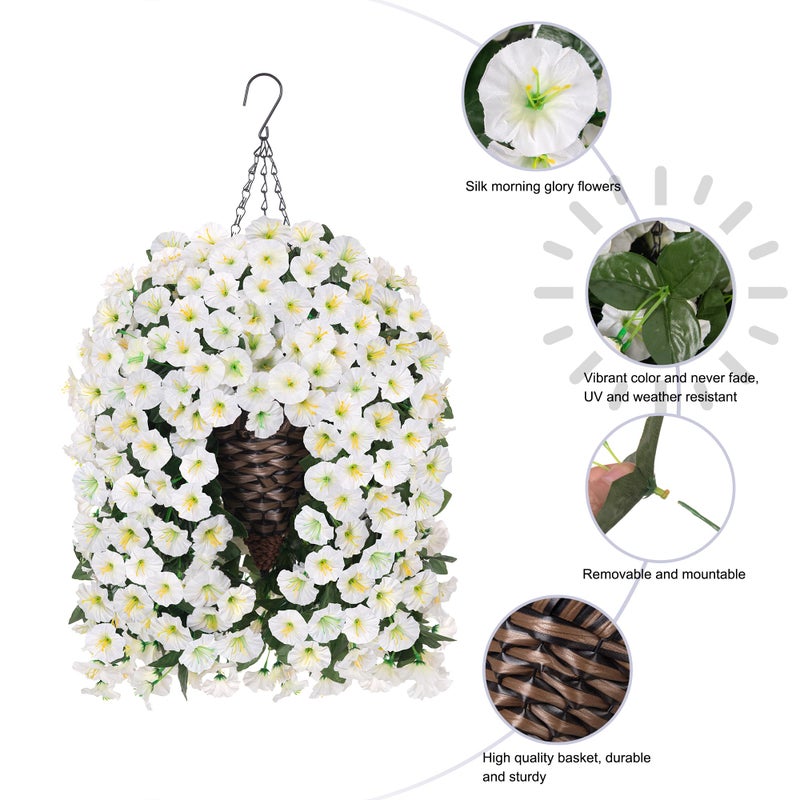 HyeFlora Artificial Faux Hanging White Flowers Plants Basket for Outdoor Outside Christmas Winter Decor, Fake UV Resistant Realistic Morning Glory Flowers for Porch Home Balcony Yard Patio Decoration - Image 5