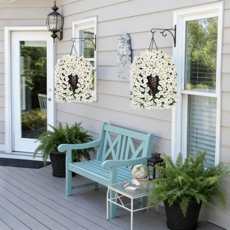 HyeFlora Artificial Faux Hanging White Flowers Plants Basket for Outdoor Outside Christmas Winter Decor, Fake UV Resistant Realistic Morning Glory Flowers for Porch Home Balcony Yard Patio Decoration - Image 2