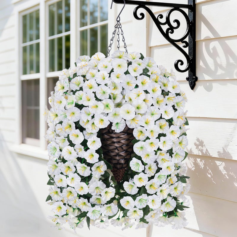 HyeFlora Artificial Faux Hanging White Flowers Plants Basket for Outdoor Outside Christmas Winter Decor, Fake UV Resistant Realistic Morning Glory Flowers for Porch Home Balcony Yard Patio Decoration - Image 1