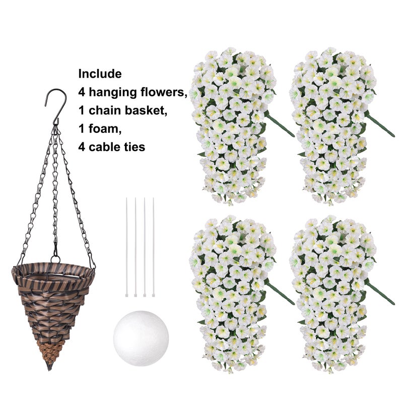 HyeFlora Artificial Faux Hanging White Flowers Plants Basket for Outdoor Outside Christmas Winter Decor, Fake UV Resistant Realistic Morning Glory Flowers for Porch Home Balcony Yard Patio Decoration - Image 3