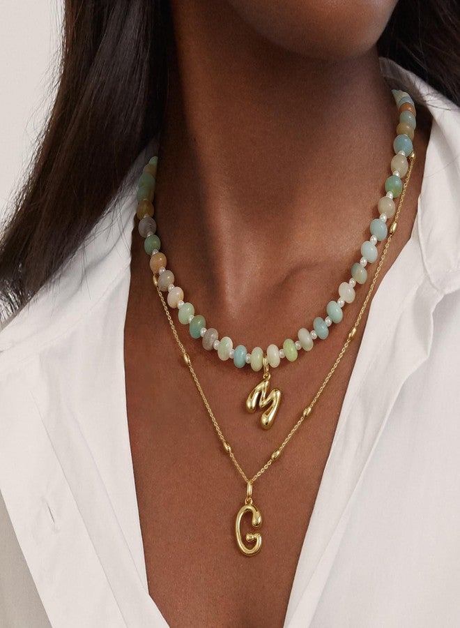 KissYan Initial Necklaces for Women, Colorful Beaded Gemstone Choker 14K Gold Bubble Letter Pendant Necklace Natural Stone Summer Beach Handmade Jewelry Gift(Green M) - Image 3