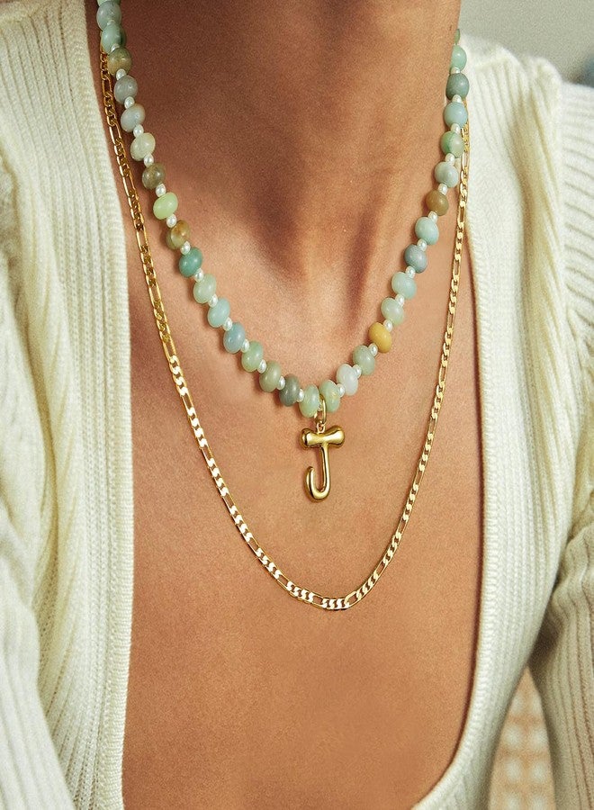 KissYan Initial Necklaces for Women, Colorful Beaded Gemstone Choker 14K Gold Bubble Letter Pendant Necklace Natural Stone Summer Beach Handmade Jewelry Gift(Green M) - Image 2