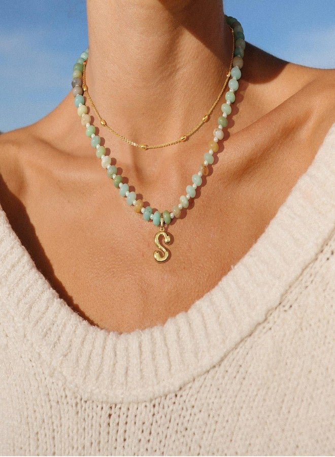 KissYan Initial Necklaces for Women, Colorful Beaded Gemstone Choker 14K Gold Bubble Letter Pendant Necklace Natural Stone Summer Beach Handmade Jewelry Gift(Green M) - Image 4