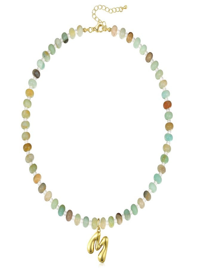 KissYan Initial Necklaces for Women, Colorful Beaded Gemstone Choker 14K Gold Bubble Letter Pendant Necklace Natural Stone Summer Beach Handmade Jewelry Gift(Green M) - Image 1