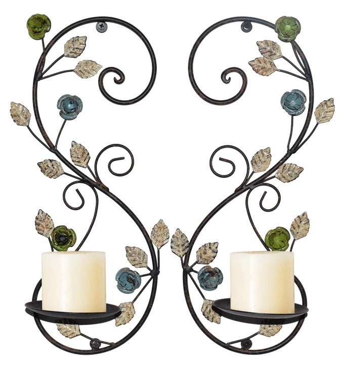 WALL SCONCES CANDLE HOLDER SET OF 2 ANTIQUE MULTICOLOR LEAF BRANCH WALL MOUNT HANGING METAL WALL CANDLE HOLDER CANDLE SCONCE FOR LIVING ROOM DINING ROOM