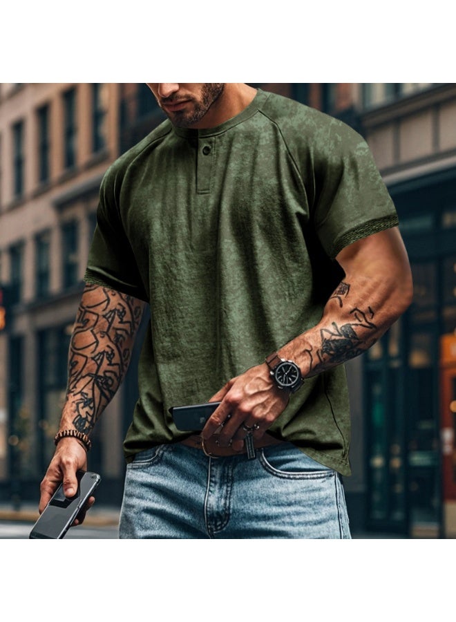 Vintage Distressed Henley Neck Short Sleeve Men's T-shirt Heavy Weight Slim Fit Shoulder Insert American Style Oversized Casual - Image 1