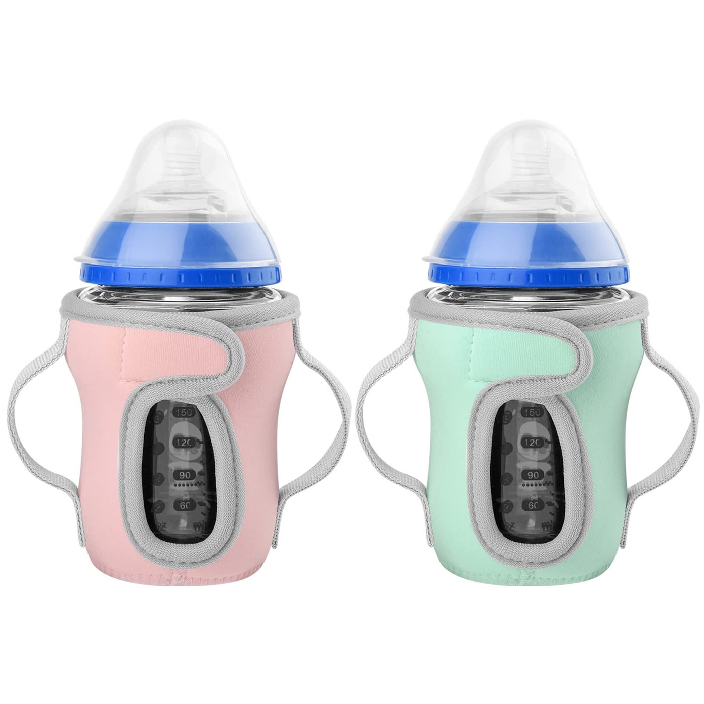 Beautyflier Glass Baby Bottle Sleeve Covers for Tommee Tippee Nature Baby Bottles with Dual Handle, 3.8mm Thicken Heat and Cold Retention Baby Bottle Sleeve (Pink+Green)
