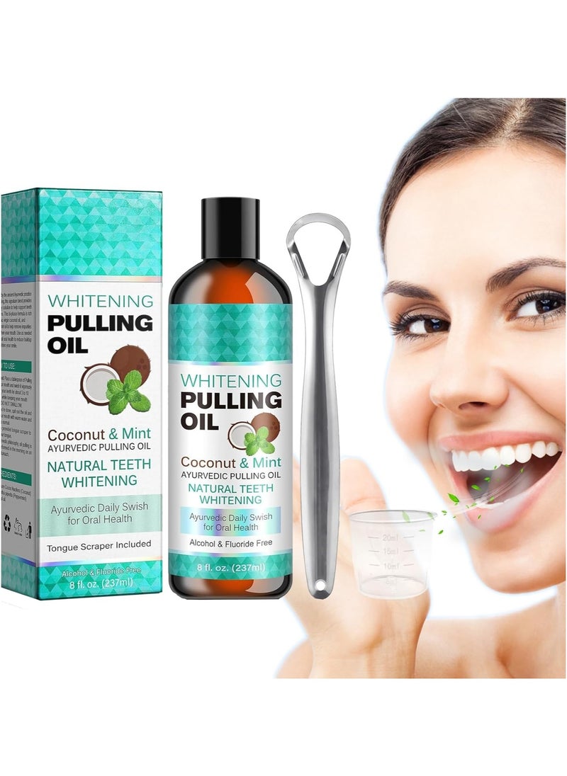 ORALHOE - Coconut Pulling Oil Mouthwash,Oil Pulling with Tongue Scraper 8 Fl.Oz,Mint Oil Pulling Mouthwash,Coconut Oil Pulling for Teeth Whitening Fresh Breath - Image 1