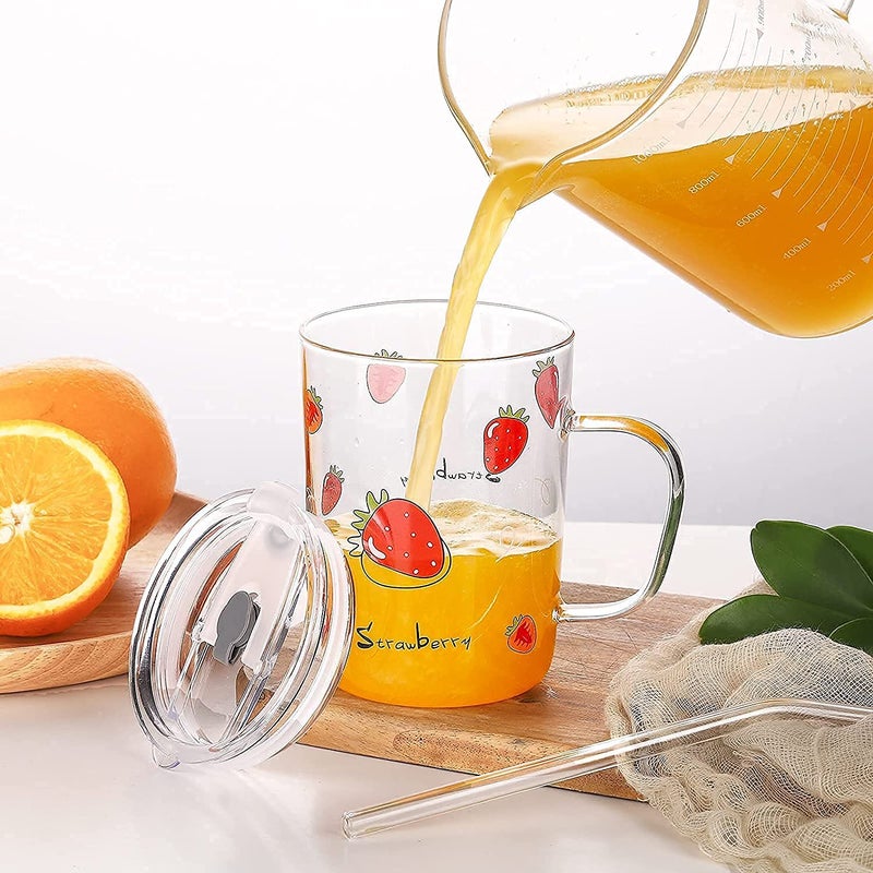 Golden Bird Golden bird Random Print Glass Mug with Straw and Lid,Straw for Kids & Adult Glass Water Tumbler with Scale Line, Leak Proof, Easy to Clean,Perfect for Milk,Juice,Coffee (400 ML,Pack of 2) - Image 4