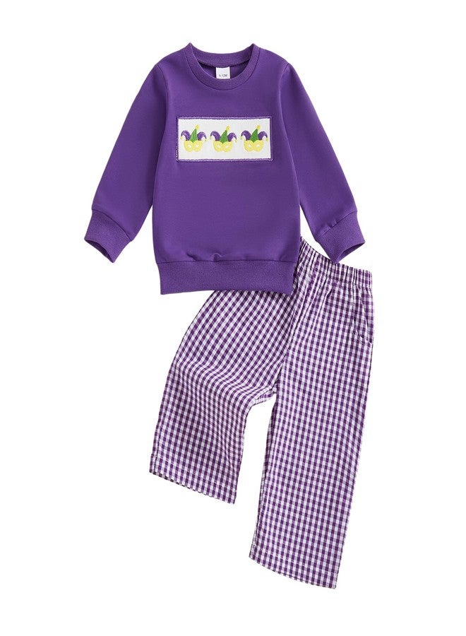 Muspeczenith Toddler Baby Boy Mardi Gras Outfit Carnival Long Sleeve Sweatshirt Plaid Pants Set Spring Clothes (Print, 18-24 Months) - Image 1