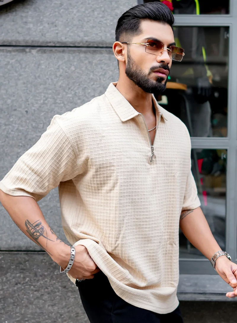 مانياك Maniac Mens Boxgrid Textured Polo Neck Half Sleeve Beige CottonBlend T-Shirt