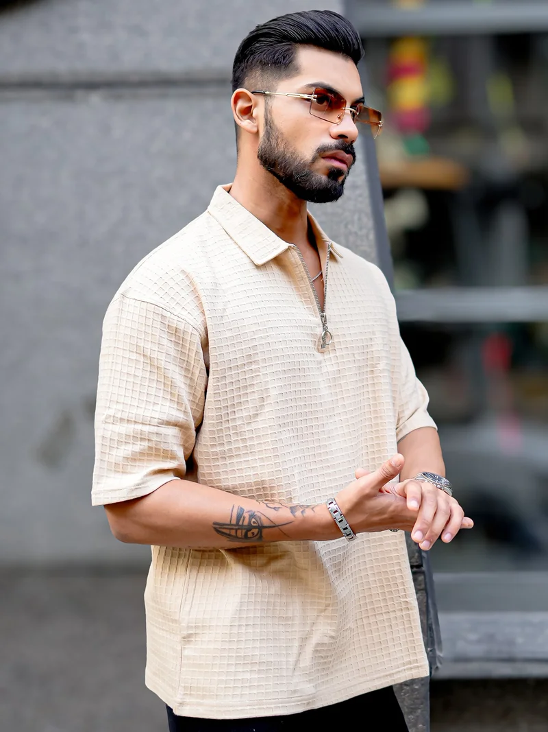 مانياك Maniac Mens Boxgrid Textured Polo Neck Half Sleeve Beige CottonBlend T-Shirt