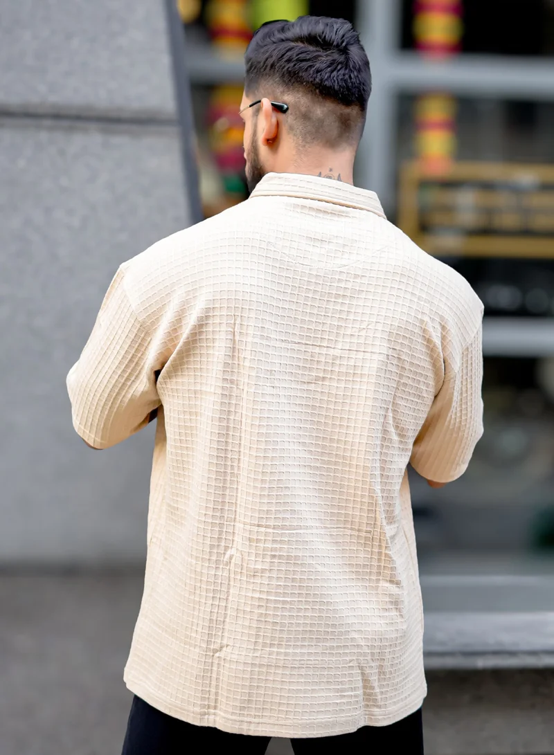 مانياك Maniac Mens Boxgrid Textured Polo Neck Half Sleeve Beige CottonBlend T-Shirt