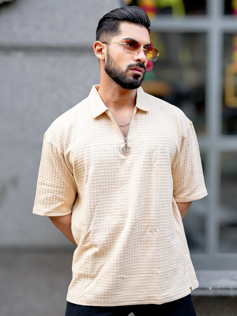 مانياك Maniac Mens Boxgrid Textured Polo Neck Half Sleeve Beige CottonBlend T-Shirt
