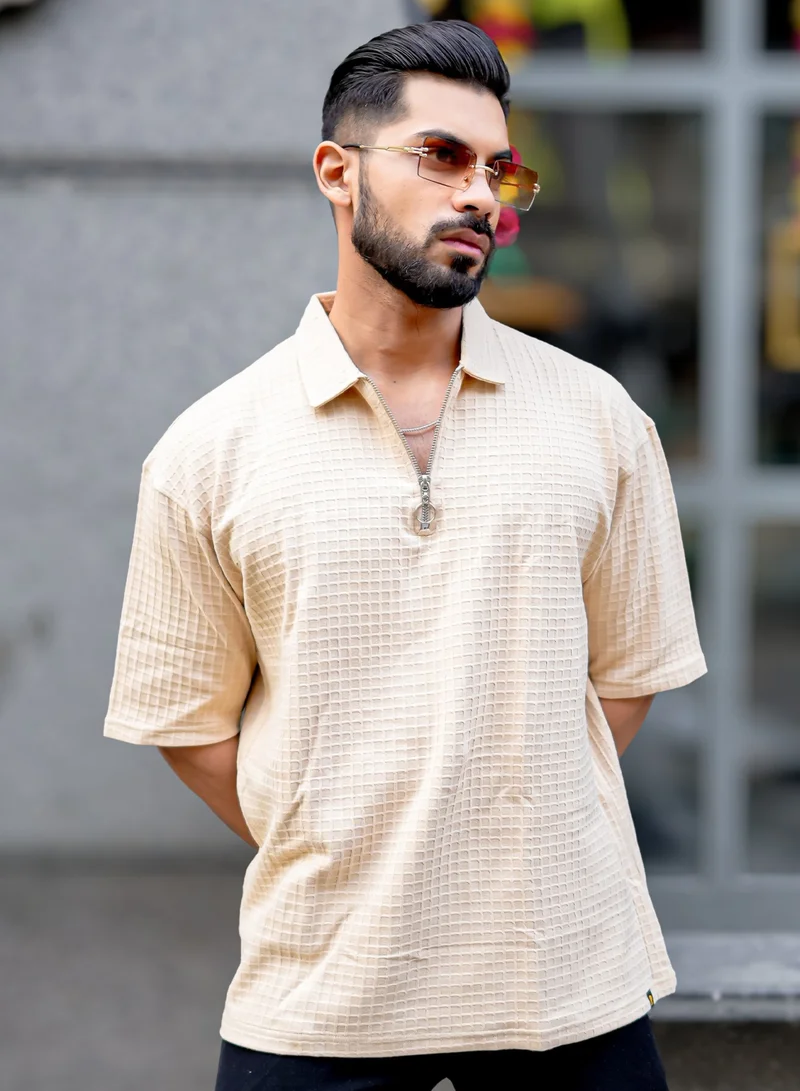 مانياك Maniac Mens Boxgrid Textured Polo Neck Half Sleeve Beige CottonBlend T-Shirt