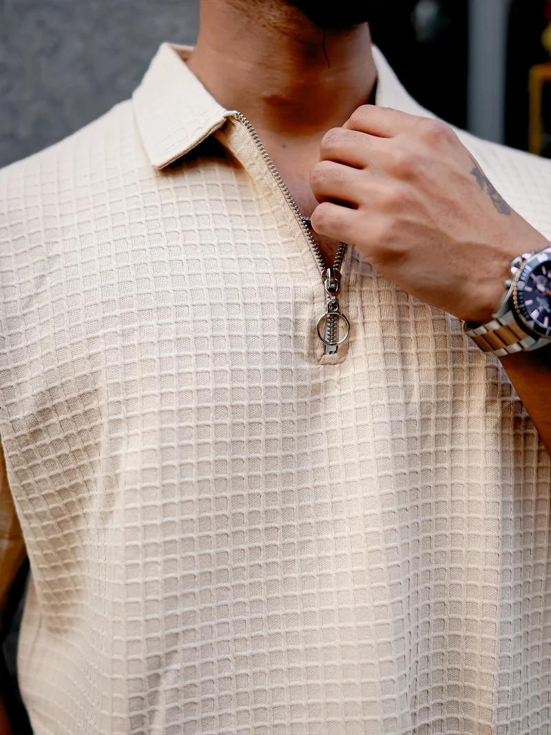 مانياك Maniac Mens Boxgrid Textured Polo Neck Half Sleeve Beige CottonBlend T-Shirt