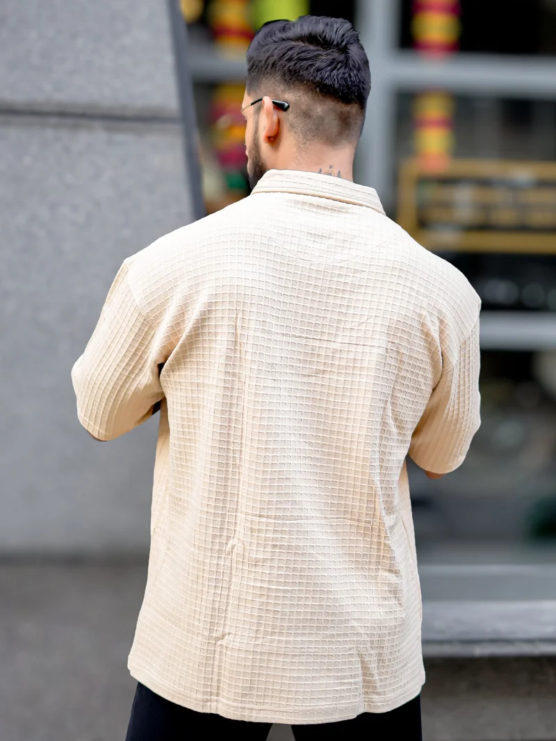 مانياك Maniac Mens Boxgrid Textured Polo Neck Half Sleeve Beige CottonBlend T-Shirt