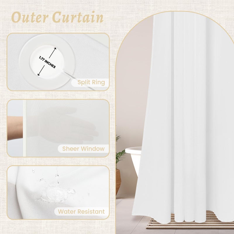 WONICY No Hook White Shower Curtain, Polyester Textured Shower Curtain with Snap in Liner Set, Waterproof & Washable Bath Curtains for Bathroom, 71Wx74H - Image 4