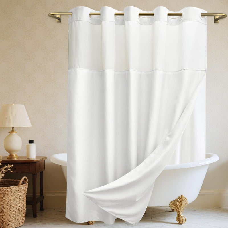 WONICY No Hook White Shower Curtain, Polyester Textured Shower Curtain with Snap in Liner Set, Waterproof & Washable Bath Curtains for Bathroom, 71Wx74H - Image 1
