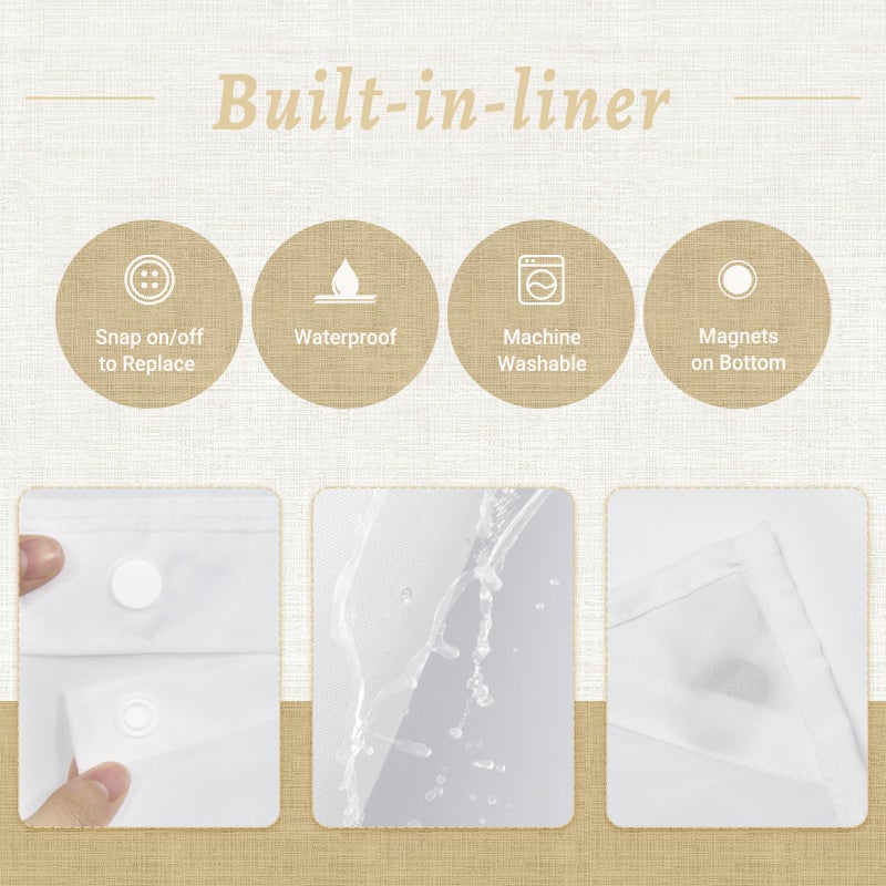 WONICY No Hook White Shower Curtain, Polyester Textured Shower Curtain with Snap in Liner Set, Waterproof & Washable Bath Curtains for Bathroom, 71Wx74H - Image 5