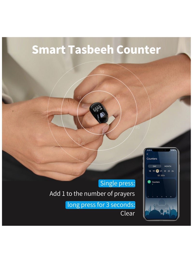 Smart Digital Tasbih Zikr Ring Improved, Muslim Prayer Tasbih Ring, Prayer Timing Reminder, OLED Display Tasbeeh Counter with 3 Sizes(18 20 22mm)