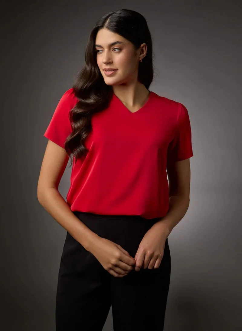 Zigzag Vneck Short Sleeve Chiffon Top-Red