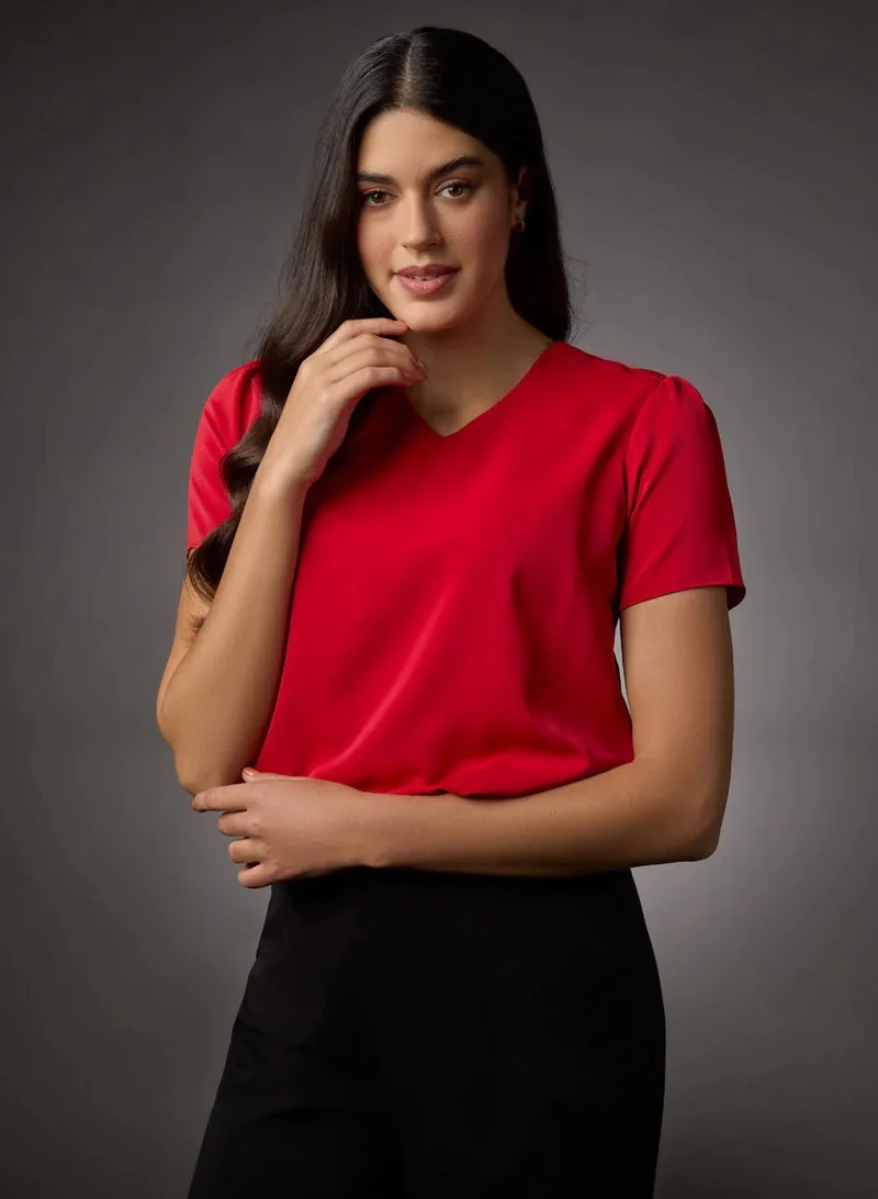 Zigzag Vneck Short Sleeve Chiffon Top-Red