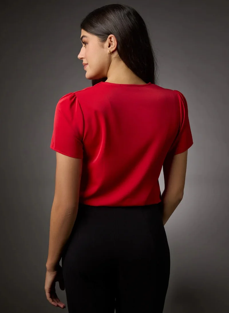 Zigzag Vneck Short Sleeve Chiffon Top-Red