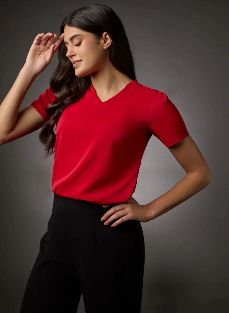 Zigzag Vneck Short Sleeve Chiffon Top-Red
